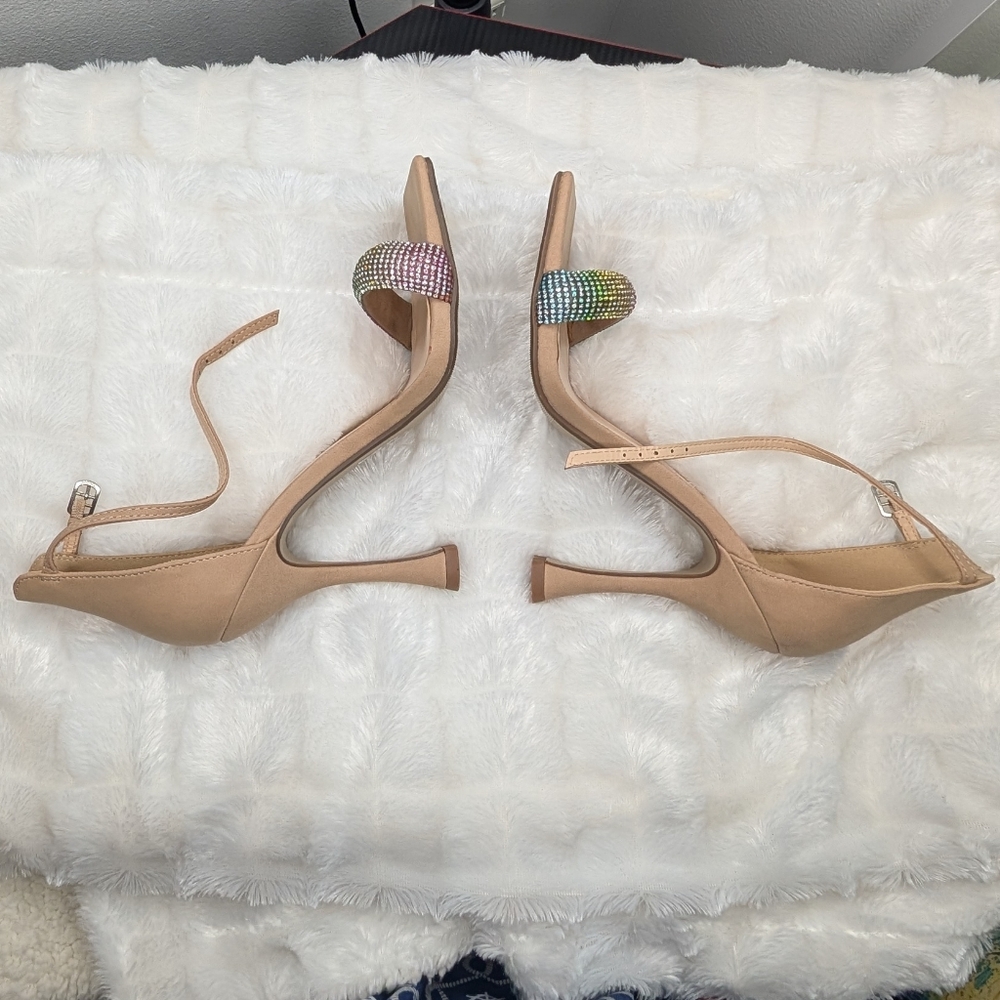 Elegant Tan Stiletto Heels with Rhinestone Ankle Strap